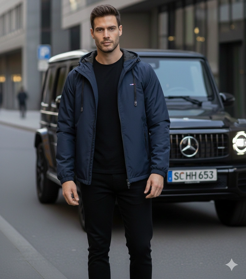 Blaue Herren-Windjacke mit Kapuze Duplessis