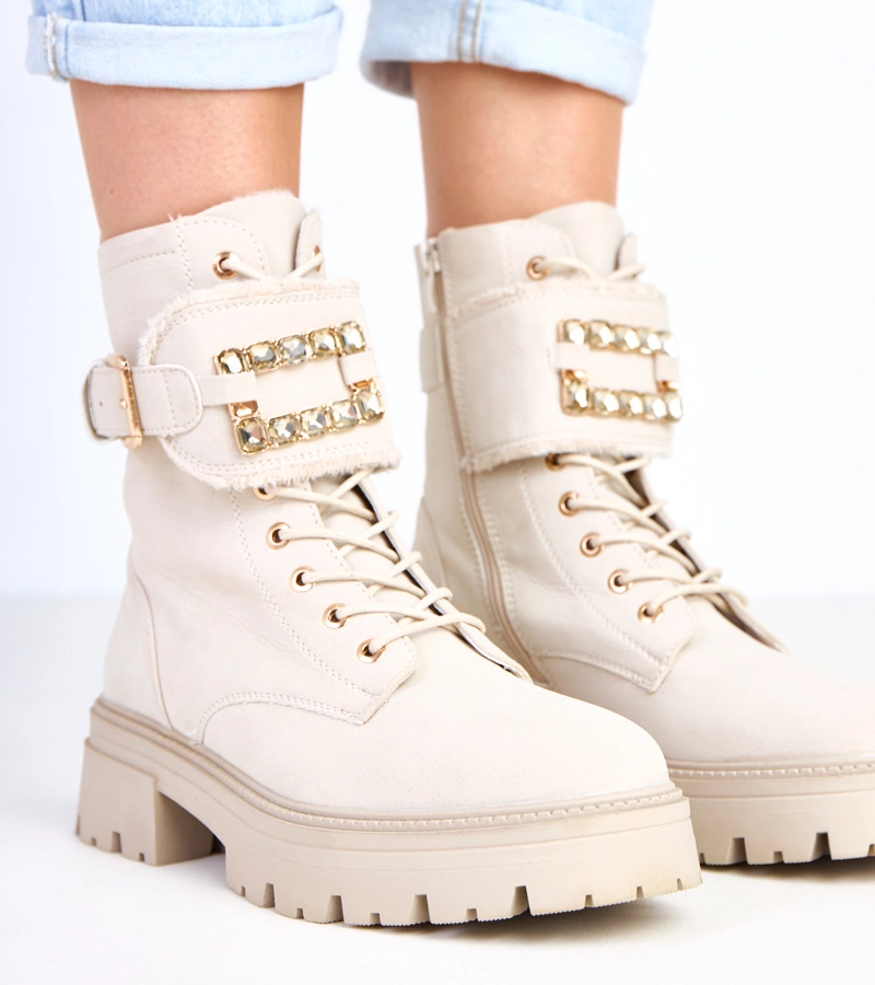 Beige gefütterte Plateaustiefeletten mit Steinen verziert Dajana