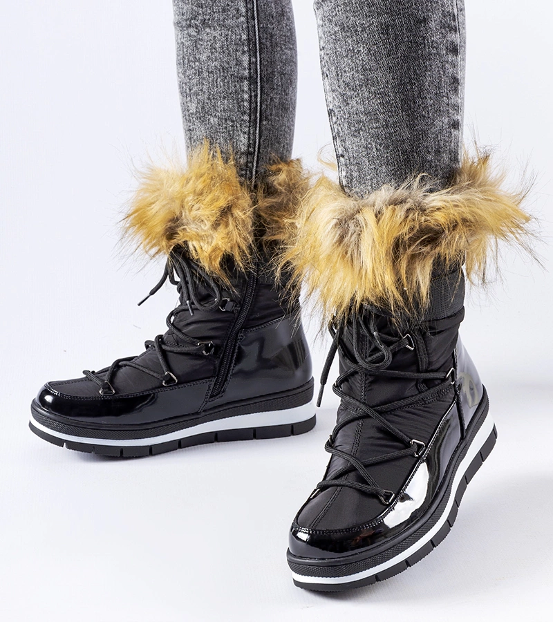 Schwarze lackierte Schneestiefel mit Bow Fellbesatz