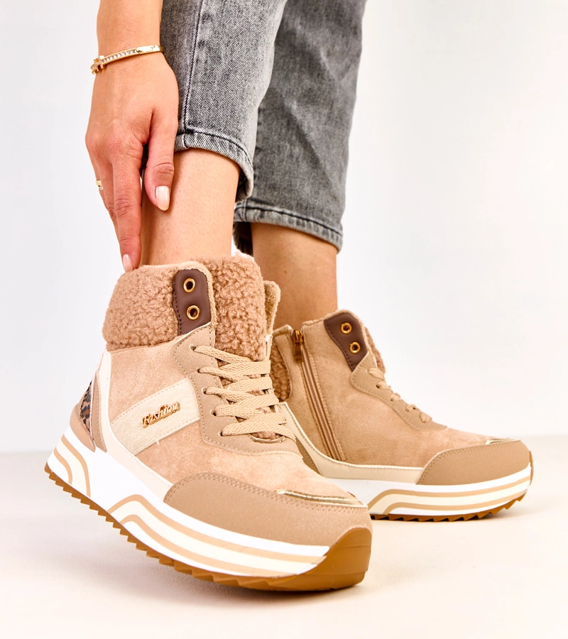 Dunkelbeige gefütterte hohe Sneakers mit Lammfell Mirasen