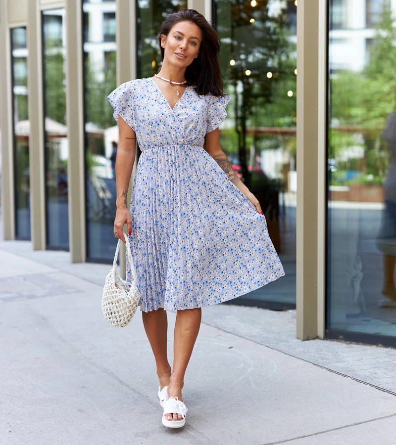 Blaues plissiertes Blumenkleid Viminale