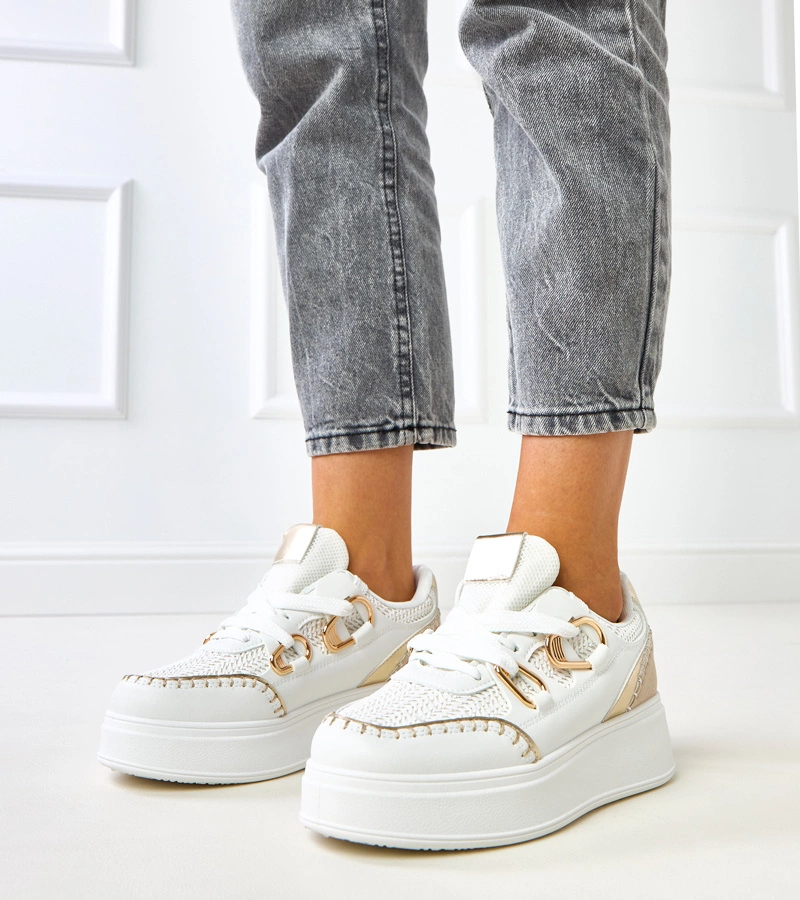 Weiße Sneakers auf Plateausohle mit geflochtenem Einsatz Lina