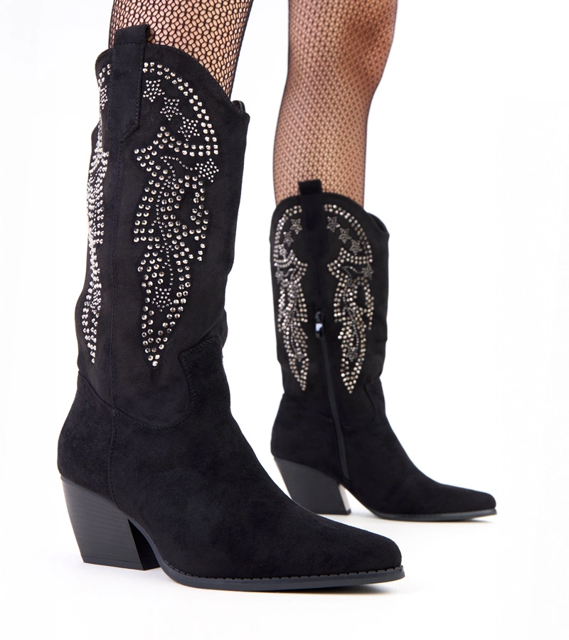 Schwarze Cowboystiefel mit niedrigem Absatz mit Strass Masura