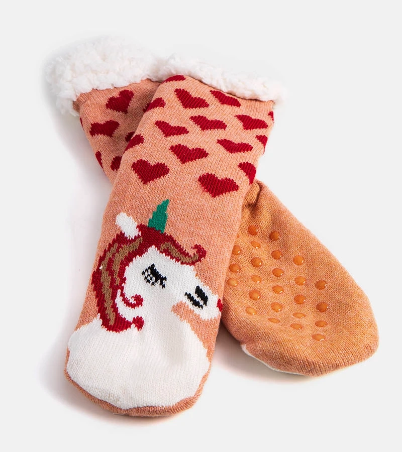 Beigefarbene Socken mit Lotis Fellbesatz