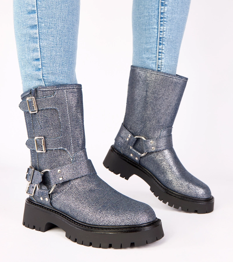 Blaue Stiefeletten mit silberglänzenden Schnallen Cara