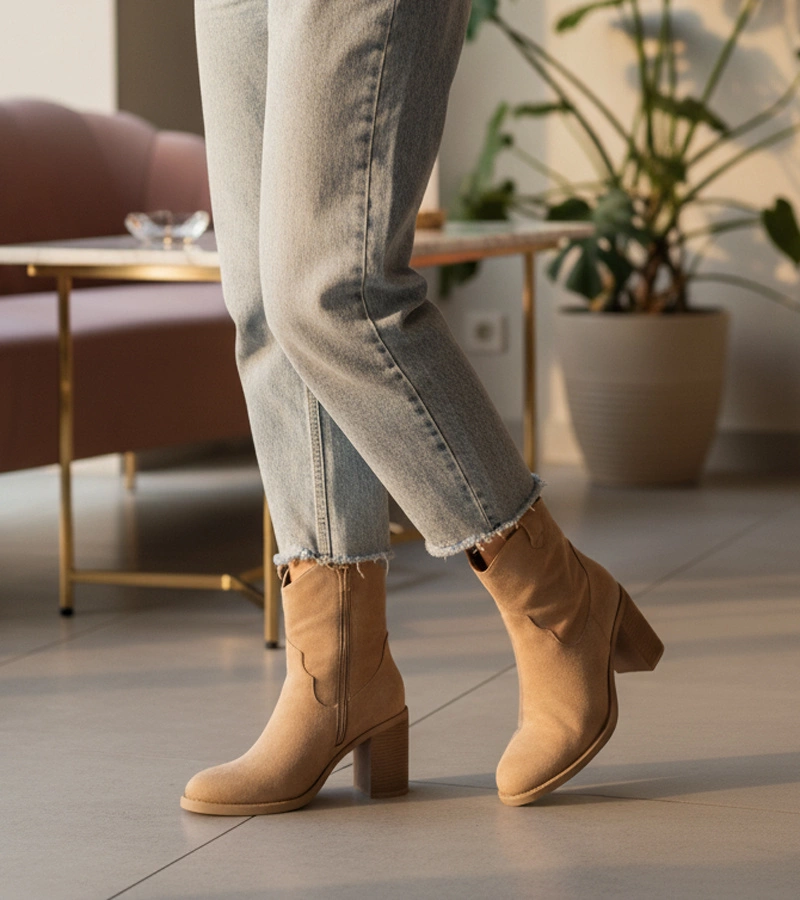 Beige Stiefeletten mit Blockabsatz aus Ökowelours Mirmi