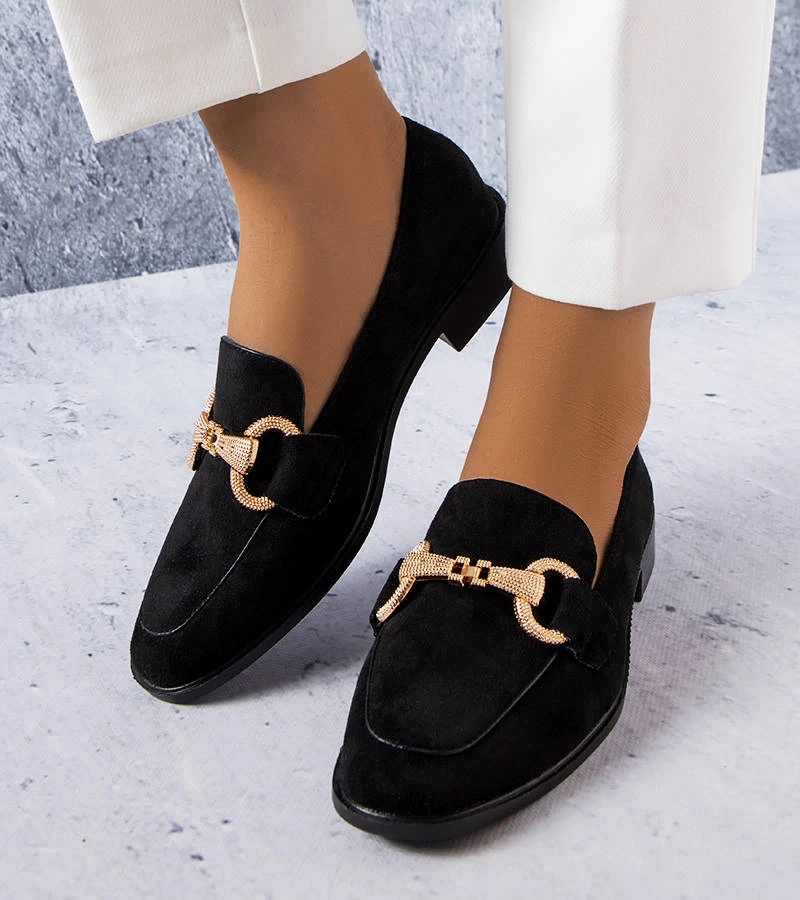 Schwarze Mokassins mit goldener Verzierung Fluet