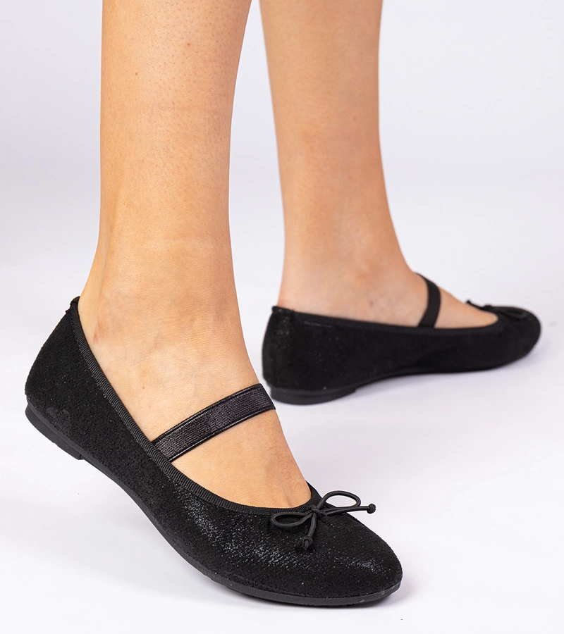 Schwarze Damen-Ballerinas mit Schleife auf Gummizug Lerona
