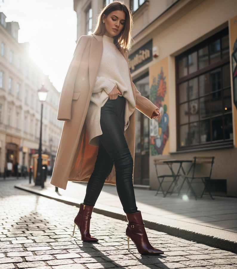 Bordeauxfarbene Stiefeletten auf goldenem glänzendem Absatz Carmila