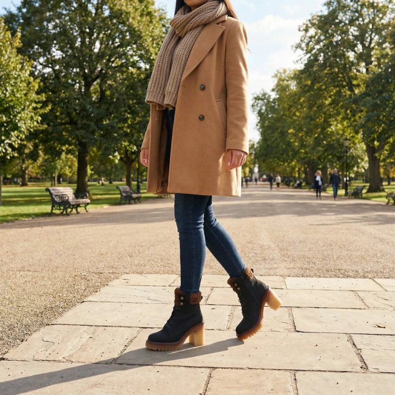 Schwarze Stiefeletten mit Blockabsatz und Fell am Schaft Alona