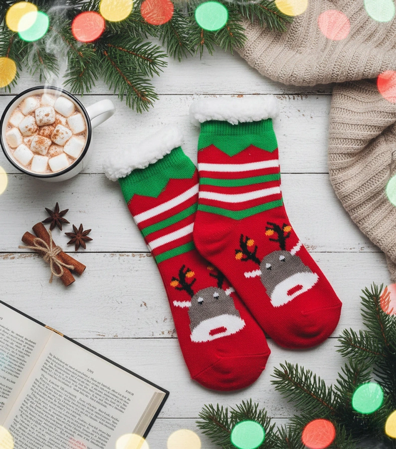 Rote gefütterte Socken mit Challi Rentier