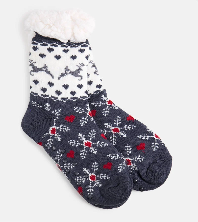 Grau-weiße Wintersocken mit Fell von Grondi