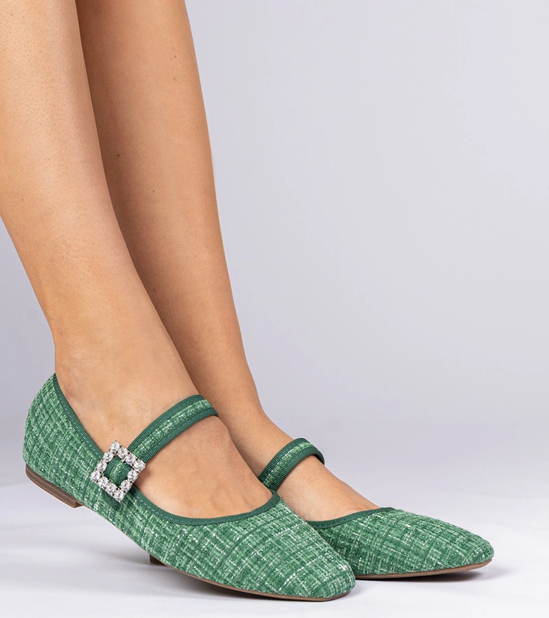 Grüne Damen-Ballerinas mit Schnalle und Kristallen Piona