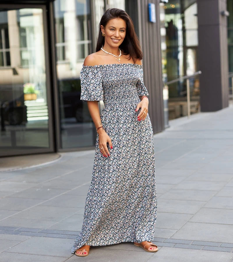 Ilario Maxikleid in Marineblau mit Blumenmuster