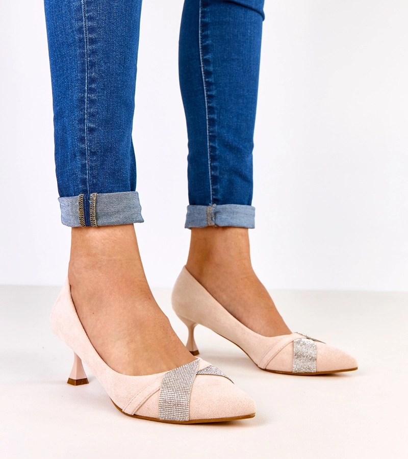 Beige Pumps mit niedrigem Absatz mit Strass Tajlana