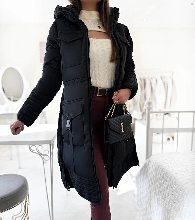 GEFÜTTERTE DAMENJACKE WINTERJACKE MIT KAPUZE TASCHEN BH-1840 SCHWARZ