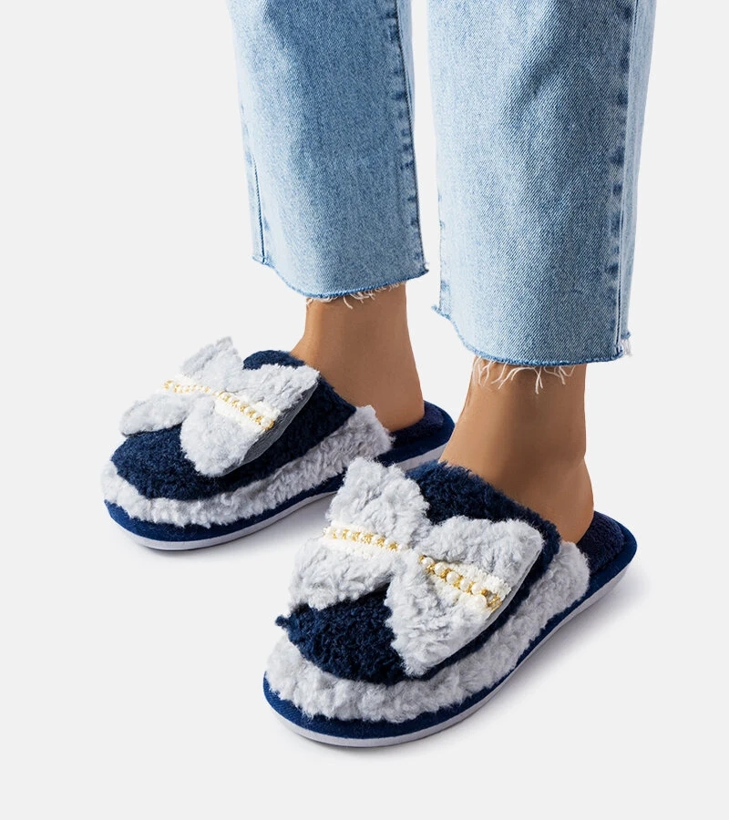 Marinegraue Hausschuhe mit Schleife Bow