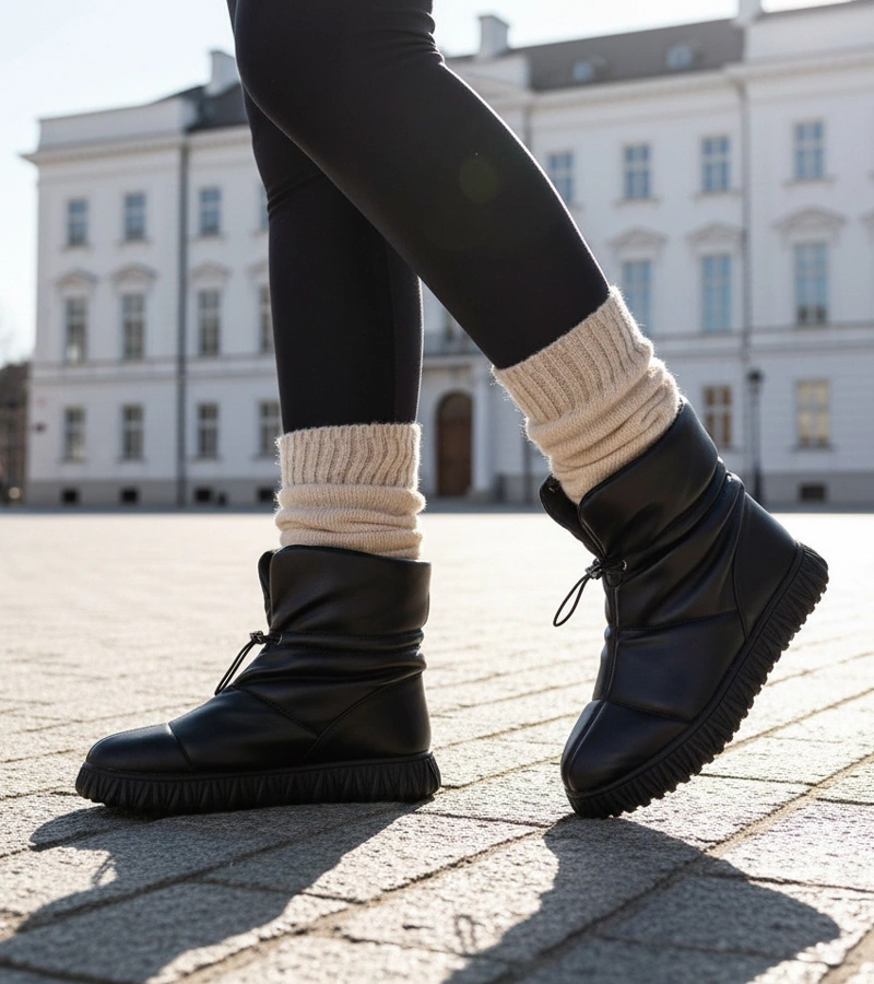 Schwarze Schneestiefel aus echtem Leder mit Kordelzug Raschmi