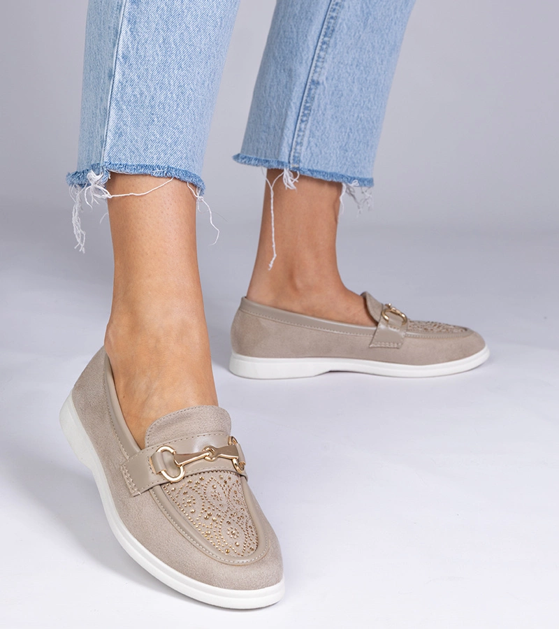 Cremefarbene Mokassins aus Kunstveloursleder mit Strass Minilla