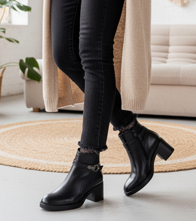 Schwarze Stiefeletten mit Zierschnalle Sanada