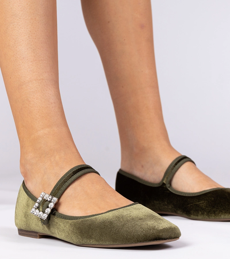 Grüne Damen-Velours-Ballerinas mit Schnalle Kvitta