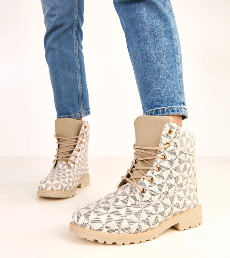 Beige-schwarze Worker-Boots im geometrischen Muster Alicia