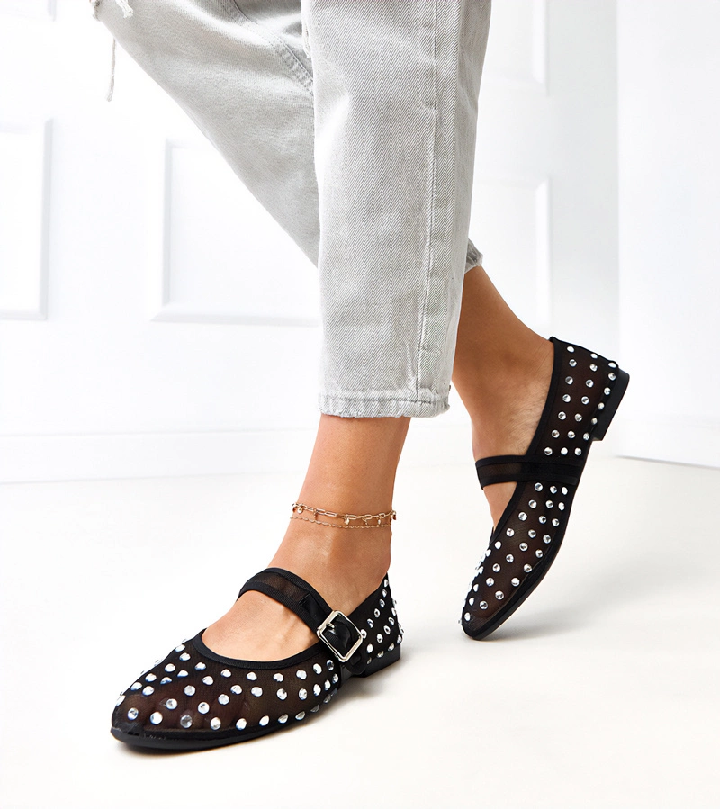 Schwarze Netz-Ballerinas mit Kristallen Malmo