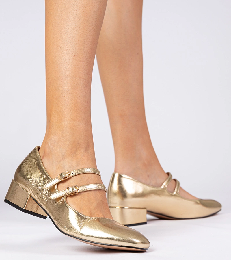 Goldene Damenschuhe mit Blockabsatz und Schnallen Demara