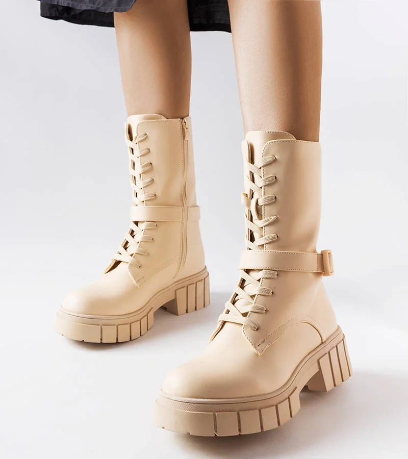 Beige Schnürstiefeletten-Worker-Boots Rive