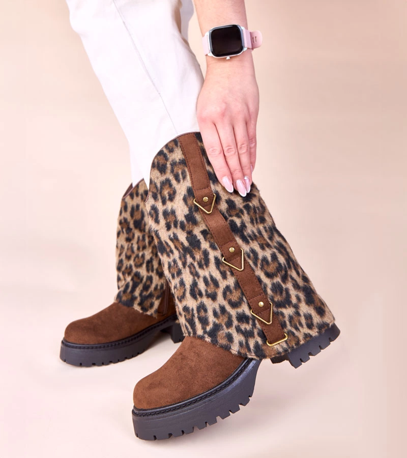 Braune Stiefeletten mit umgeschlagenem Schaft im Leopardenmuster Kaylia