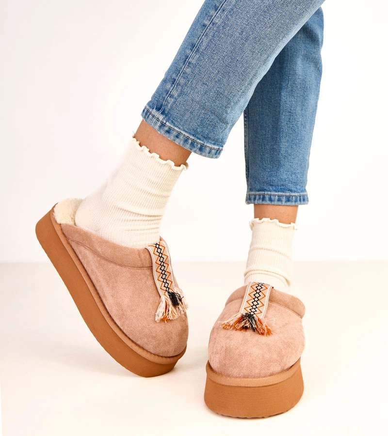 Dunkelbeige Hausschuhe mit farbigem Einsatz Sarah