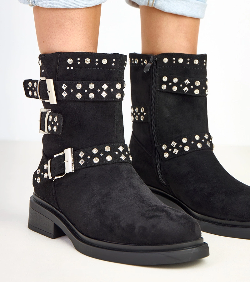 Schwarze Stiefeletten mit Strasssteinen auf niedrigem Absatz Brosca
