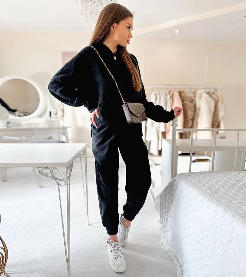 Schwarzes Fleece Trainingsanzug Set Dance