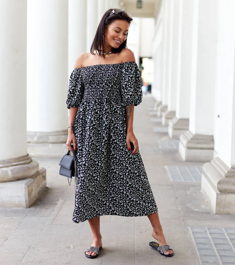 Schwarzes Midi-Kleid mit Blumenmuster von Castiglione