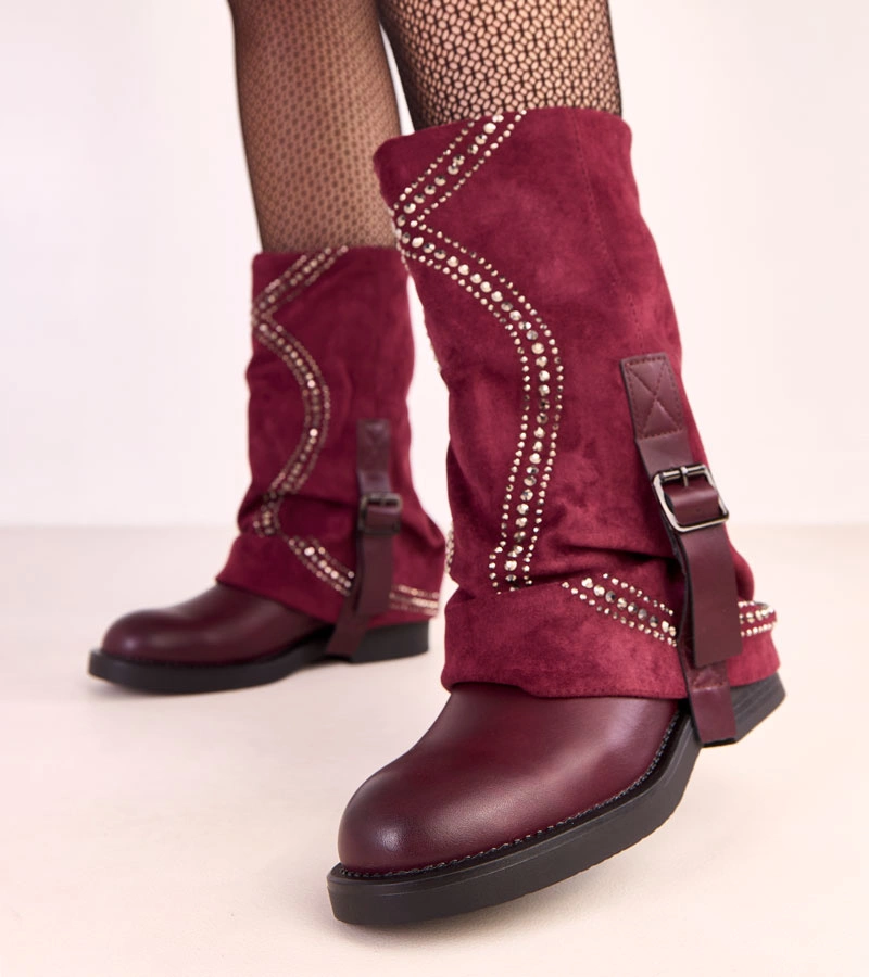 Bordeaux Stiefeletten mit umgeschlagenem Schaft, verziert mit Strasssteinen Ginny