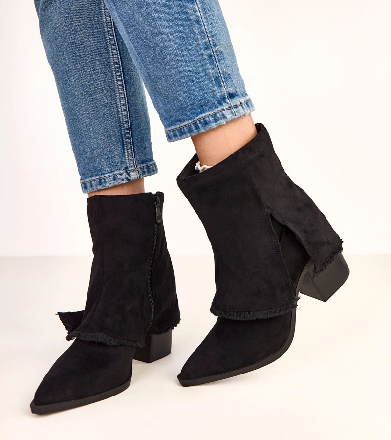 Schwarze Stiefeletten mit Blockabsatz und umgeschlagenem Schaft Felicia