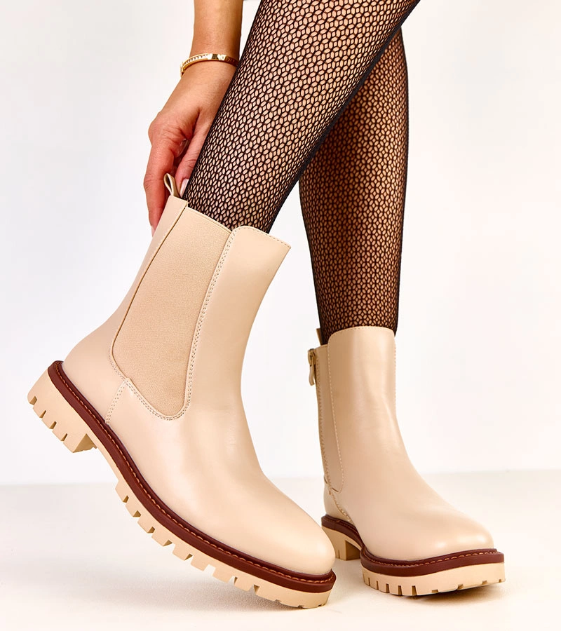 Beige Stiefeletten mit flacher Sohle und elastischem Einsatz Terrami