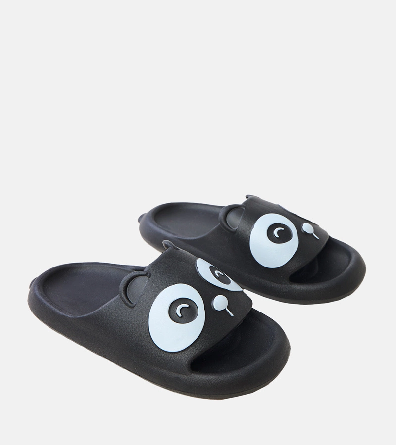 Schwarze Kinderpantoletten mit Pandamotiv Ketti