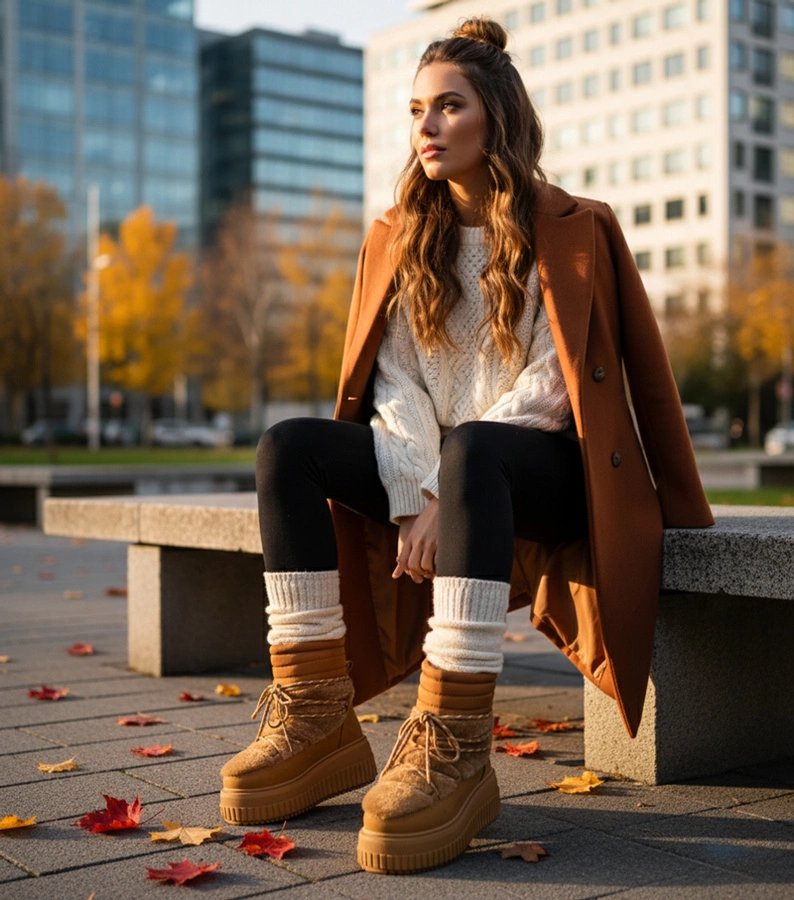 Braune Schnürstiefel auf Plateau mit Fell Lydia