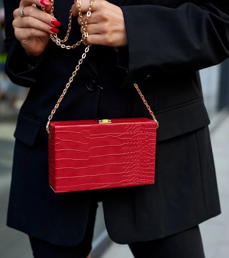 Rote Dratche Handtasche im Kofferstil mit Kette