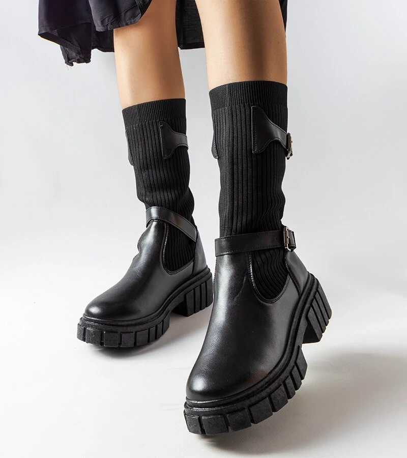 Schwarze, stilvolle Stiefel mit elastischem Schaft Ida