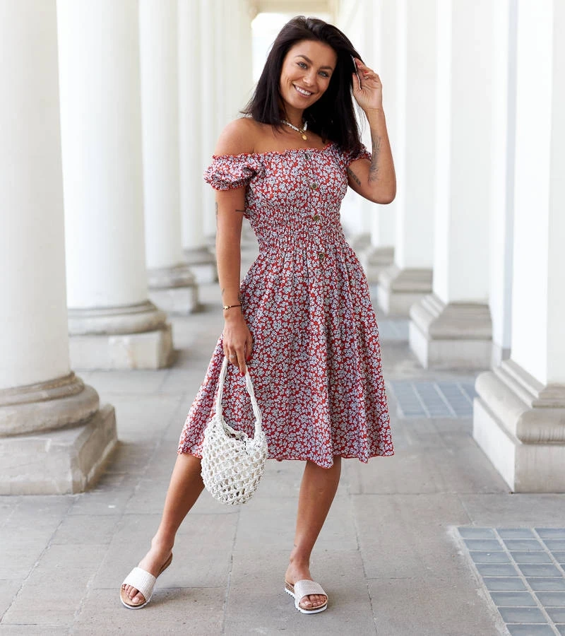 Orangefarbenes Midi-Kleid mit Blumenmuster von Sauro