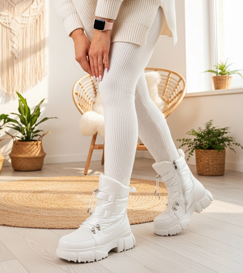 Weiße Schneestiefel mit perlmuttartigem Schimmer, gefüttert mit Fell Jassi