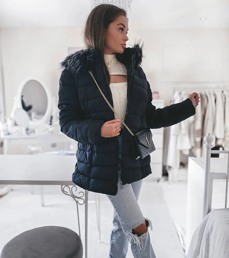 GEFÜTTERTE DAMENJACKE WINTERJACKE MIT KAPUZE TASCHEN BH-1840 SCHWARZ