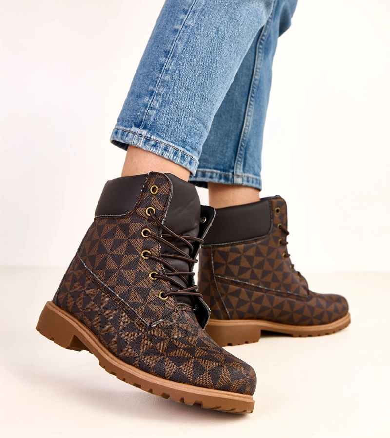 Schwarz-braune Worker-Stiefeletten mit geometrischem Muster Alicia