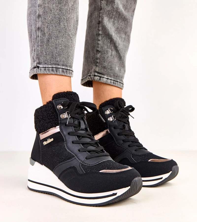 Schwarze Damen-Sneaker-Winterstiefel mit Keilabsatz Rolinda