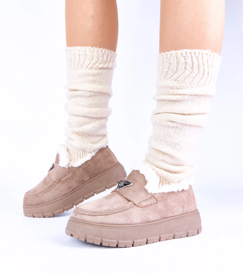 Dunkelbeige Plateauslipper mit Fellfutter Kirby