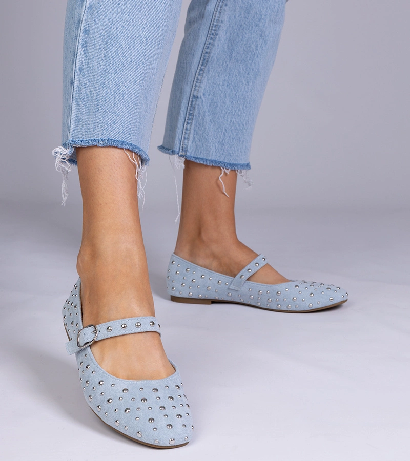 Blaue Ballerinas mit Nieten und Schnalle Salos