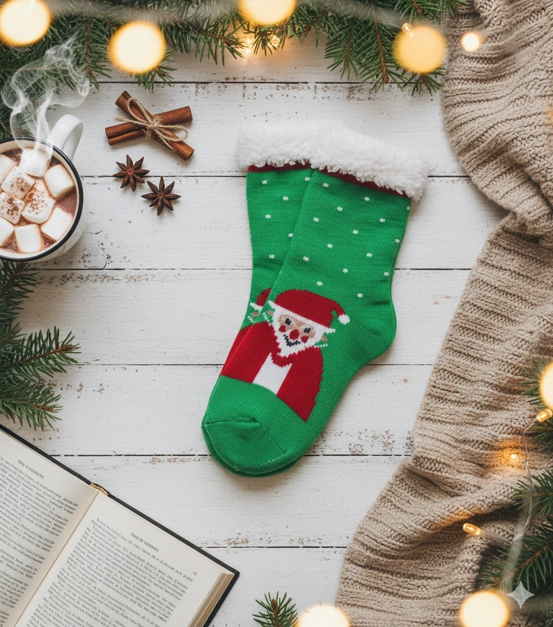 Grüne, gefütterte Socken mit Santa Challi