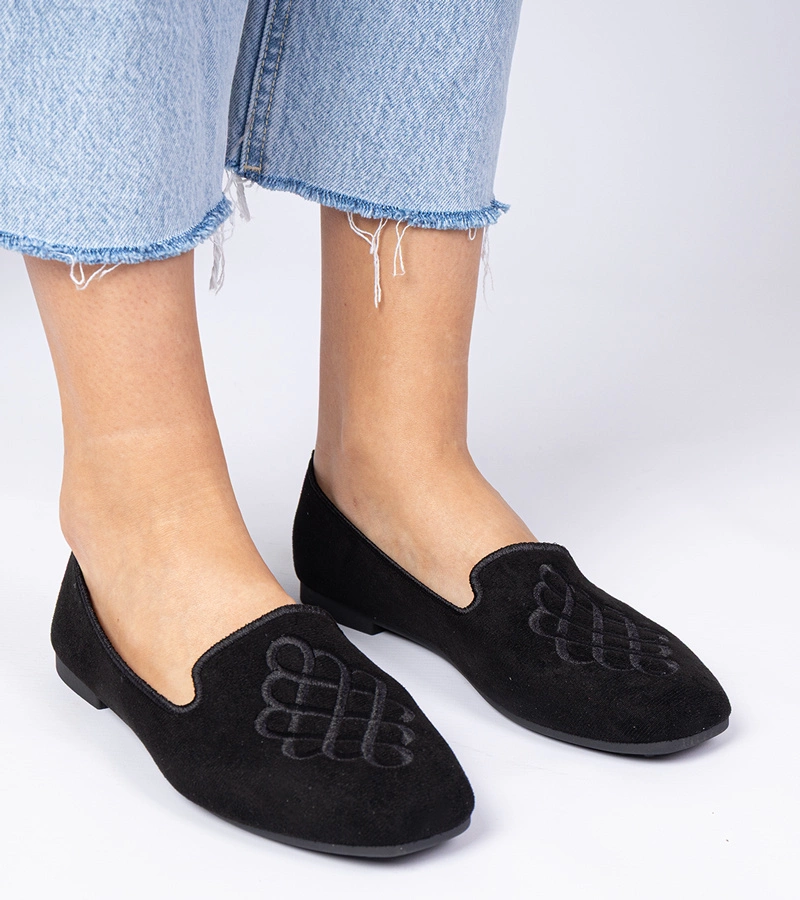 Schwarze Damen-Ballerinas aus Öko-Wildleder mit Stickerei Ronna